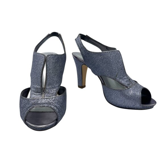 Lane Bryant Silver Glitter Peep-Toe Slingback Heels - Picture 1 of 8